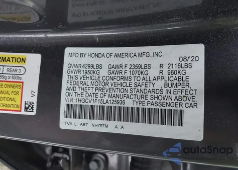 2020 Honda Accord Lx из США, поврежденный, VIN 1HGCV1F15LA125936